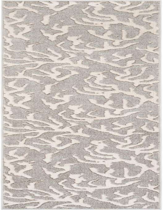 A 10 ft runner rug in gray and off-white with a modern abstract pattern, suitable for a hallway or patio.