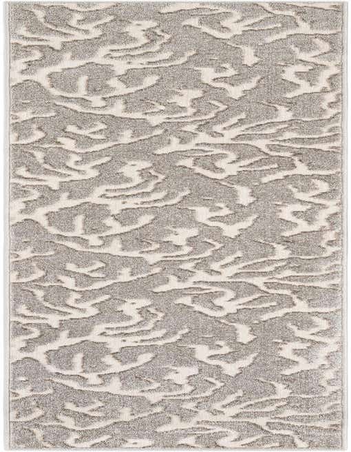 A gray and ivory modern abstract runner rug with a textured, high pile pattern, suitable for hallways or patios.