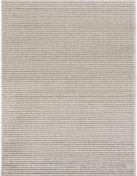 A 12 ft runner rug from the Sabrina Soto Outdoor collection, featuring a modern striped pattern in varying shades of gray, suitable for indoor or outdoor use.