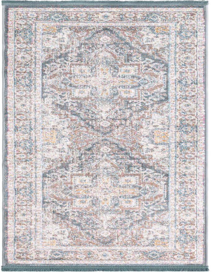 A 6 ft runner rug with a distressed traditional medallion pattern in shades of gray, silver, and muted teal, suitable for a hallway or kitchen.