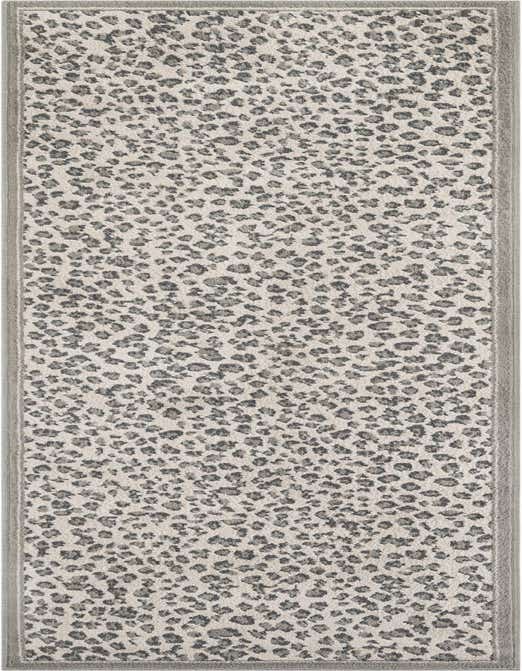 A 10 ft runner rug with a modern gray and silver leopard print pattern and a solid gray border.