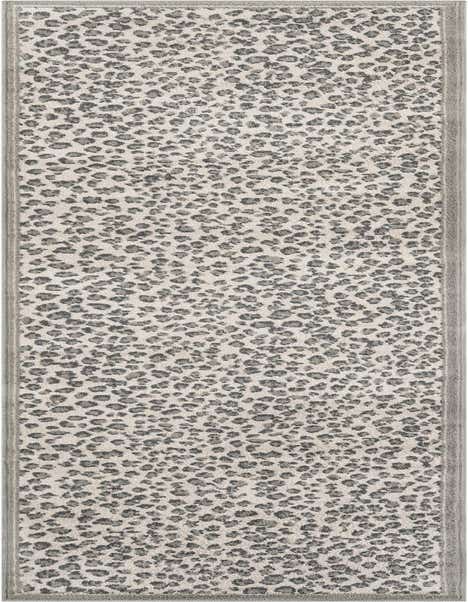 A 12 ft runner rug with a modern gray and silver leopard print pattern and a solid gray border.