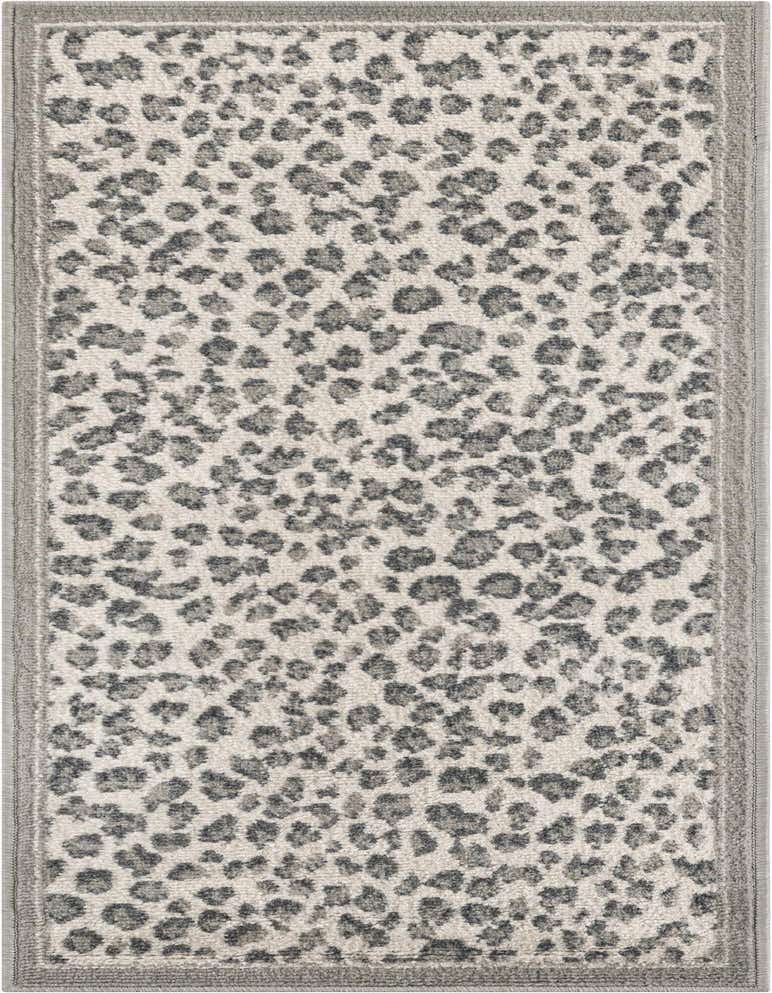 A 5 ft runner rug with a modern gray leopard print pattern and a solid gray border, perfect for a hallway.