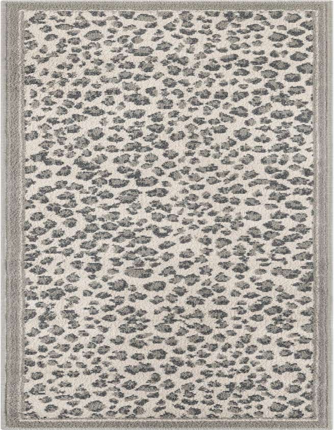 A 6 ft runner rug with a modern gray and silver leopard print pattern and a solid gray border.