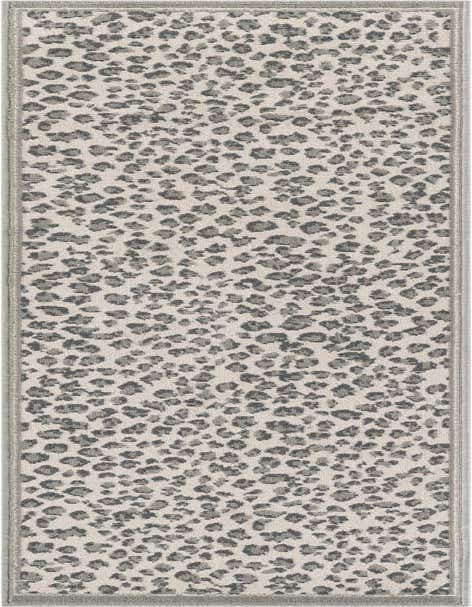 A gray and white leopard print runner rug with a medium pile, perfect for a hallway or kitchen.