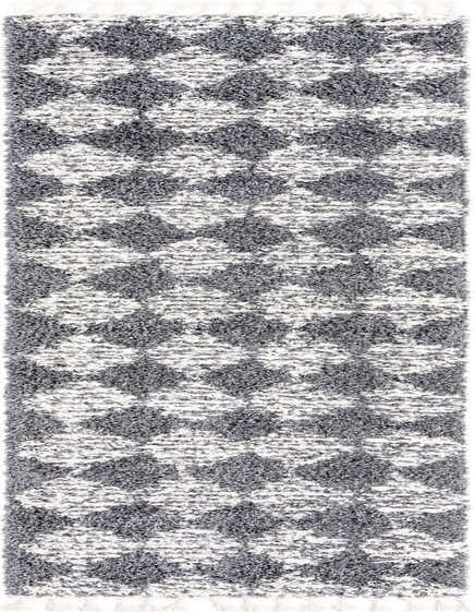 A 12 ft gray and white shag runner rug with a modern trellis pattern and fringe, perfect for a hallway.
