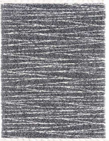 A 12 ft gray and white shag runner rug with a modern striped pattern and fringe, perfect for a hallway.