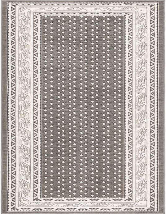 A 10 ft runner rug in shades of gray and silver, featuring a Southwestern-inspired pattern with a dotted center and intricate borders, ideal for a hallway.