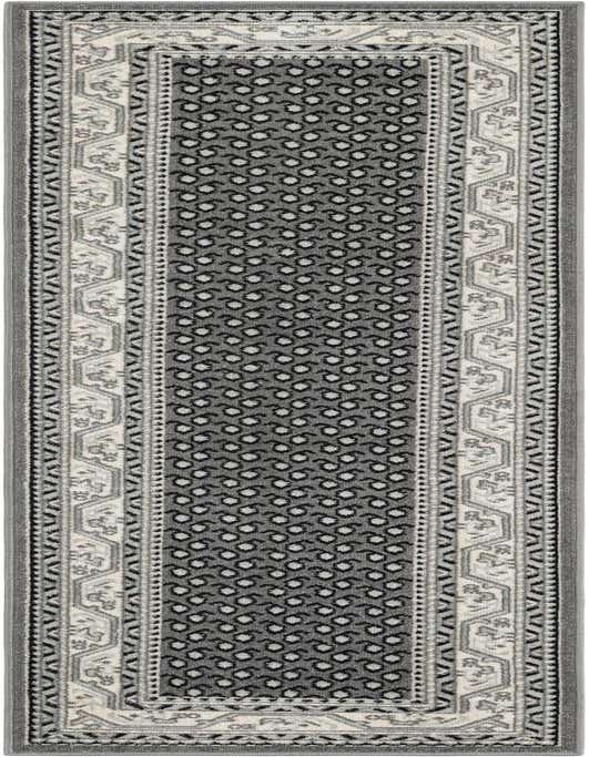 A gray 8 ft runner rug with a repeating geometric pattern and a light gray and white border, ideal for a hallway.
