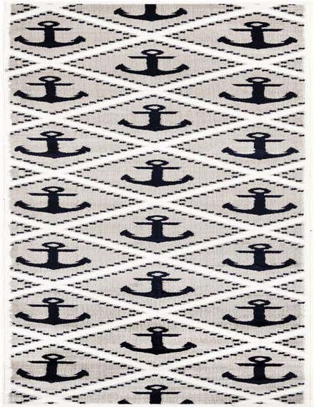 A 12 ft runner rug with a gray background and a repeating pattern of navy blue anchors within white diamond outlines, perfect for a hallway.