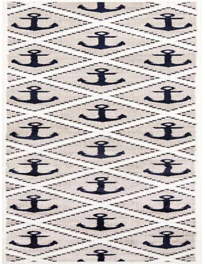 A 12 ft runner rug with a modern gray and white diamond pattern, featuring navy blue anchors inside each diamond.