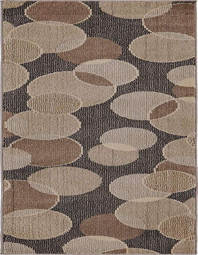 A 7 ft runner rug with a modern abstract pattern of overlapping circles in various shades of gray and silver on a dark gray background, ideal for a hallway.