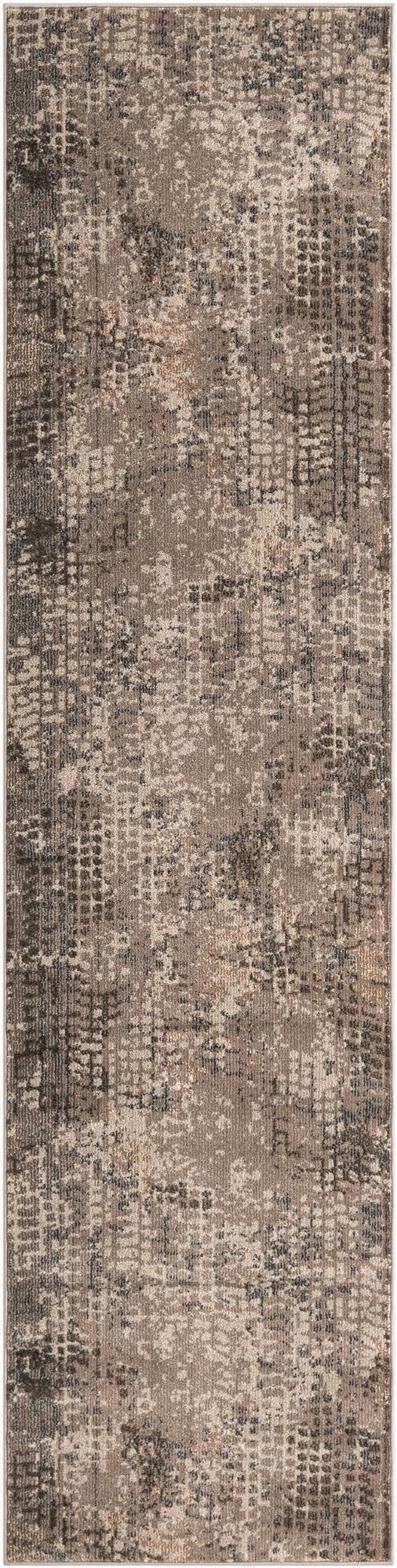 A 10 ft runner rug in shades of gray and silver with an abstract, modern pattern, perfect for a hallway.