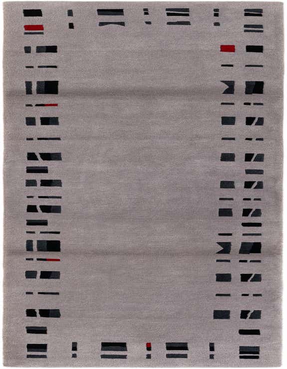 A 10 Ft runner rug in gray with a modern abstract border pattern in black, dark gray, and small red accents, perfect for a hallway.