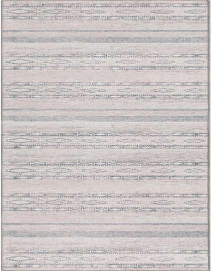 A 12 ft gray and silver transitional runner rug with tribal and striped patterns, ideal for a hallway.