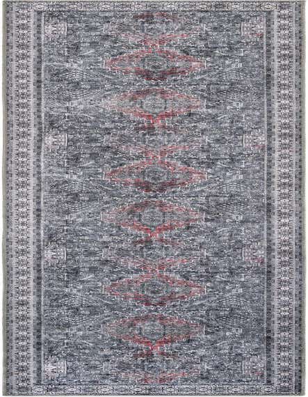 A 12 ft runner rug in shades of gray and silver with a distressed, intricate pattern and subtle red accents, perfect for a hallway.