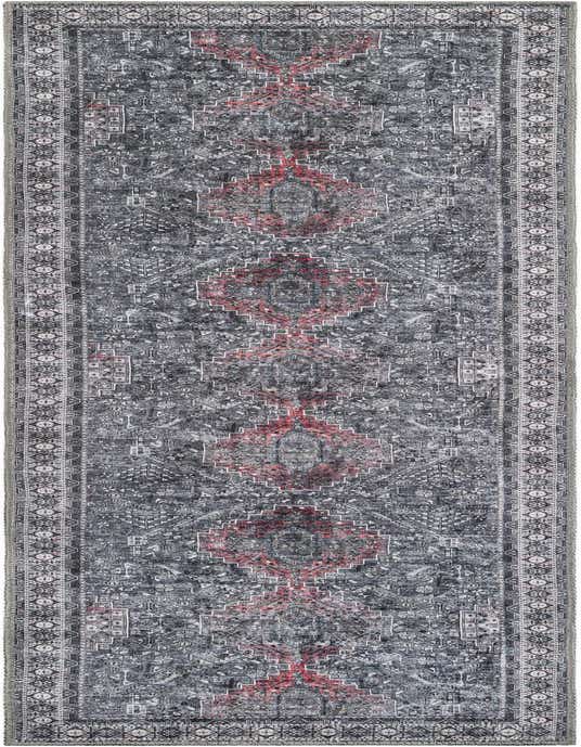 A gray and silver 8 ft runner rug with a distressed traditional Oriental pattern and hints of red, ideal for a hallway.