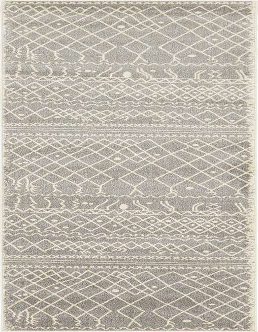 A gray and ivory 10 ft runner rug with a bohemian tribal pattern featuring diamond shapes and abstract lines, ideal for a hallway.