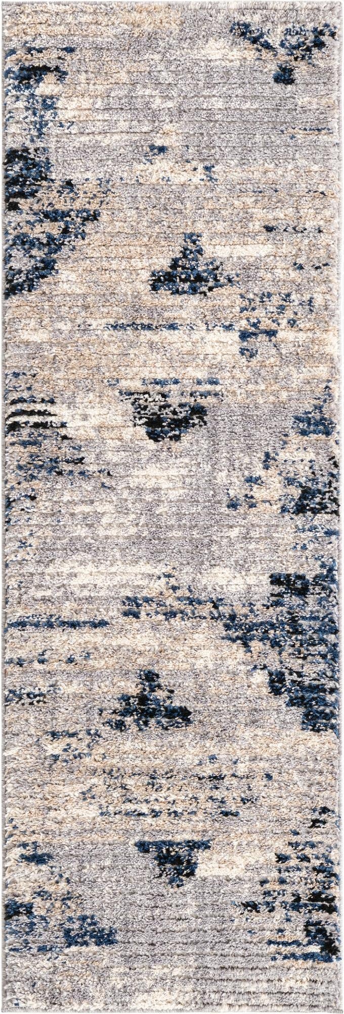 A 6 ft runner rug with a modern abstract pattern in grays, silvers, and hints of blue and black, featuring a textured shag pile.