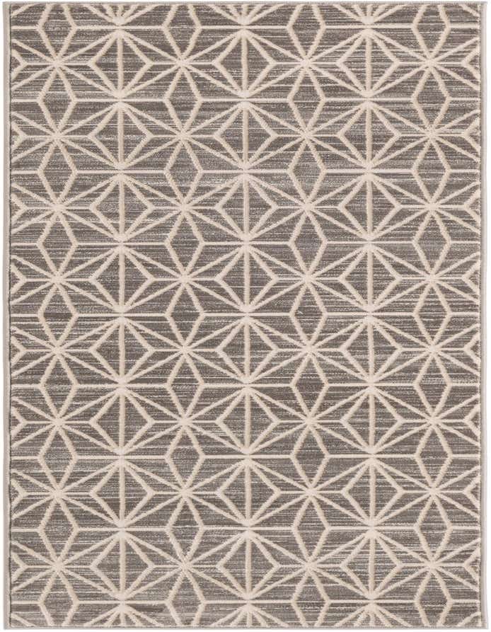 A gray 6 ft runner rug with a repeating light geometric diamond pattern, ideal for a hallway.