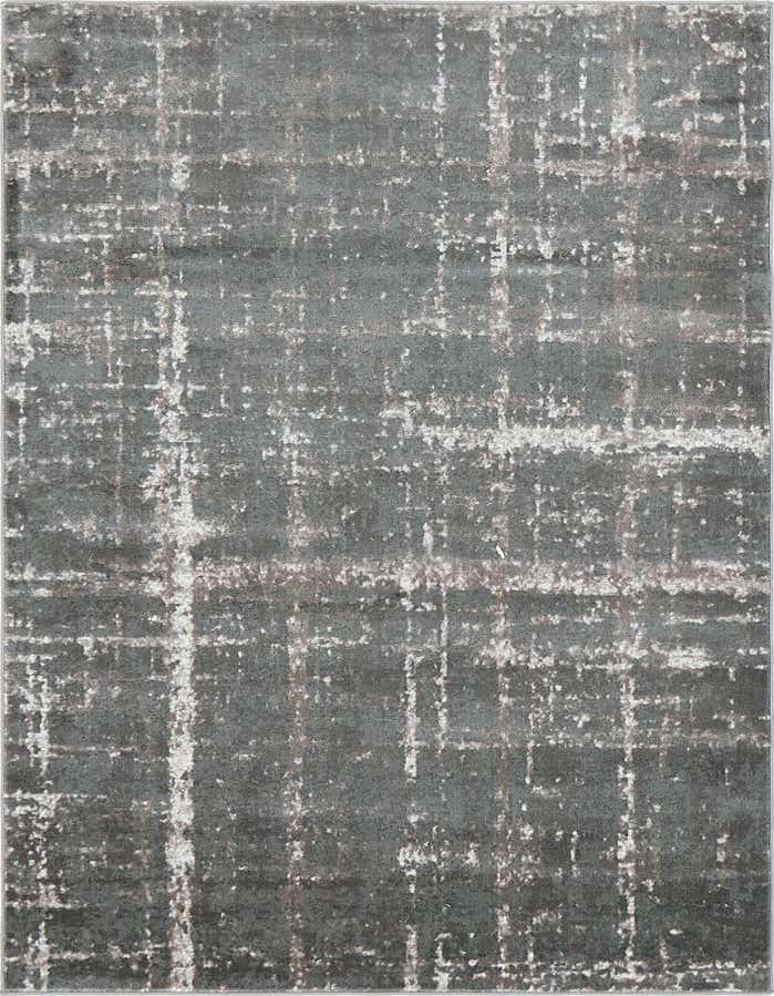 A 6 ft runner rug in shades of gray and silver with a distressed, industrial-style stripe pattern, ideal for a hallway.