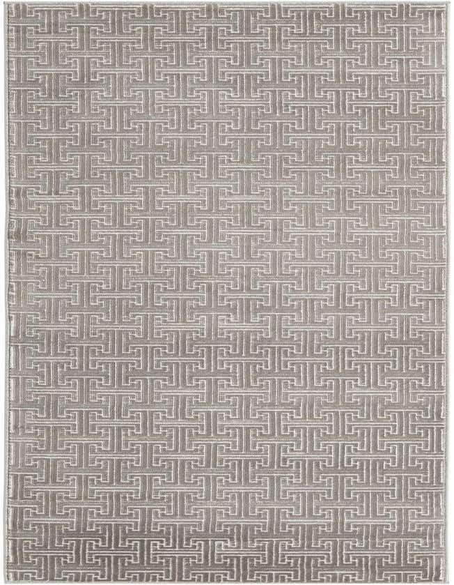 A gray 8 ft runner rug with a modern, repeating geometric pattern, ideal for hallways.