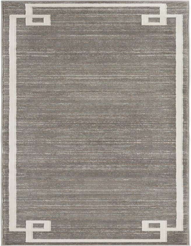 A gray 8 ft runner rug with a subtle textured pattern and a clean white Greek key border, ideal for a hallway.