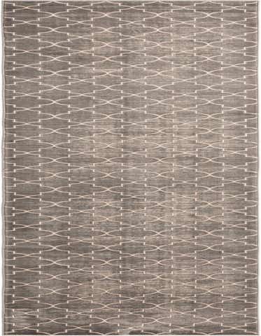 A long gray runner rug with a repeating light beige modern geometric quatrefoil pattern, ideal for a hallway.