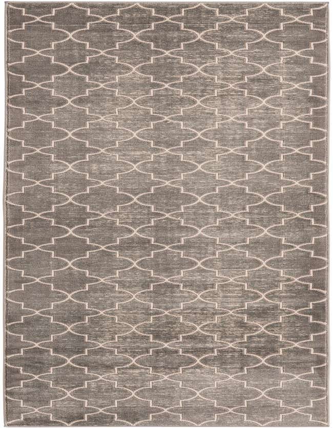 A gray 8 ft runner rug with a light gray modern geometric trellis pattern, ideal for a hallway or kitchen.