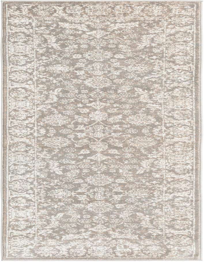 A 6 ft runner rug with a gray background and an off-white traditional floral pattern, ideal for a hallway.