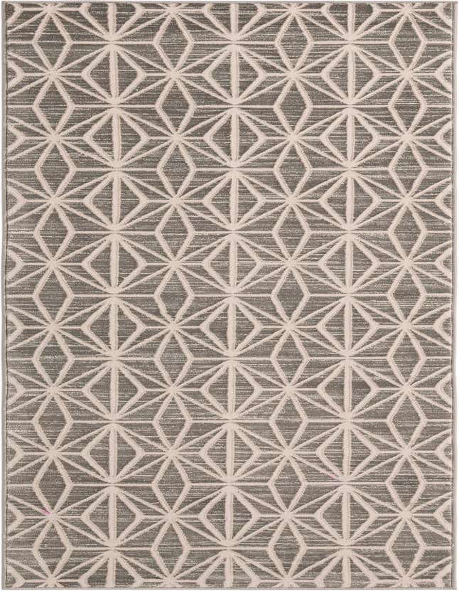 An 8 ft runner rug with a gray background and a repeating modern geometric pattern in light gray, ideal for a hallway.