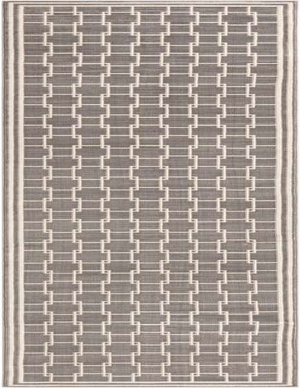 A 12 ft runner rug from the Uptown collection, featuring a modern gray background with a repeating white geometric interlocking square pattern and a striped border.