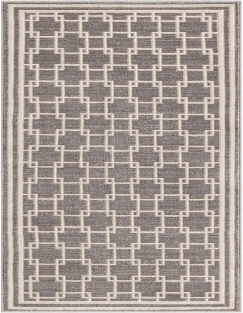 A 5 ft runner rug in gray with a modern geometric interlocking square pattern and a border in light gray.