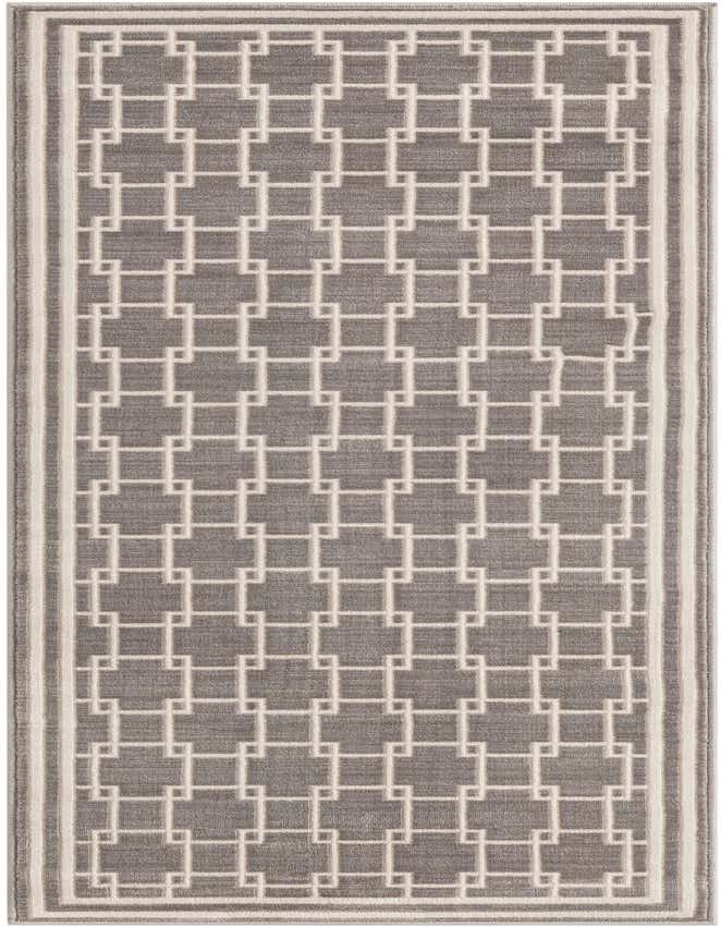 A 6 ft runner rug with a modern geometric pattern in gray and silver, featuring a textured pile.
