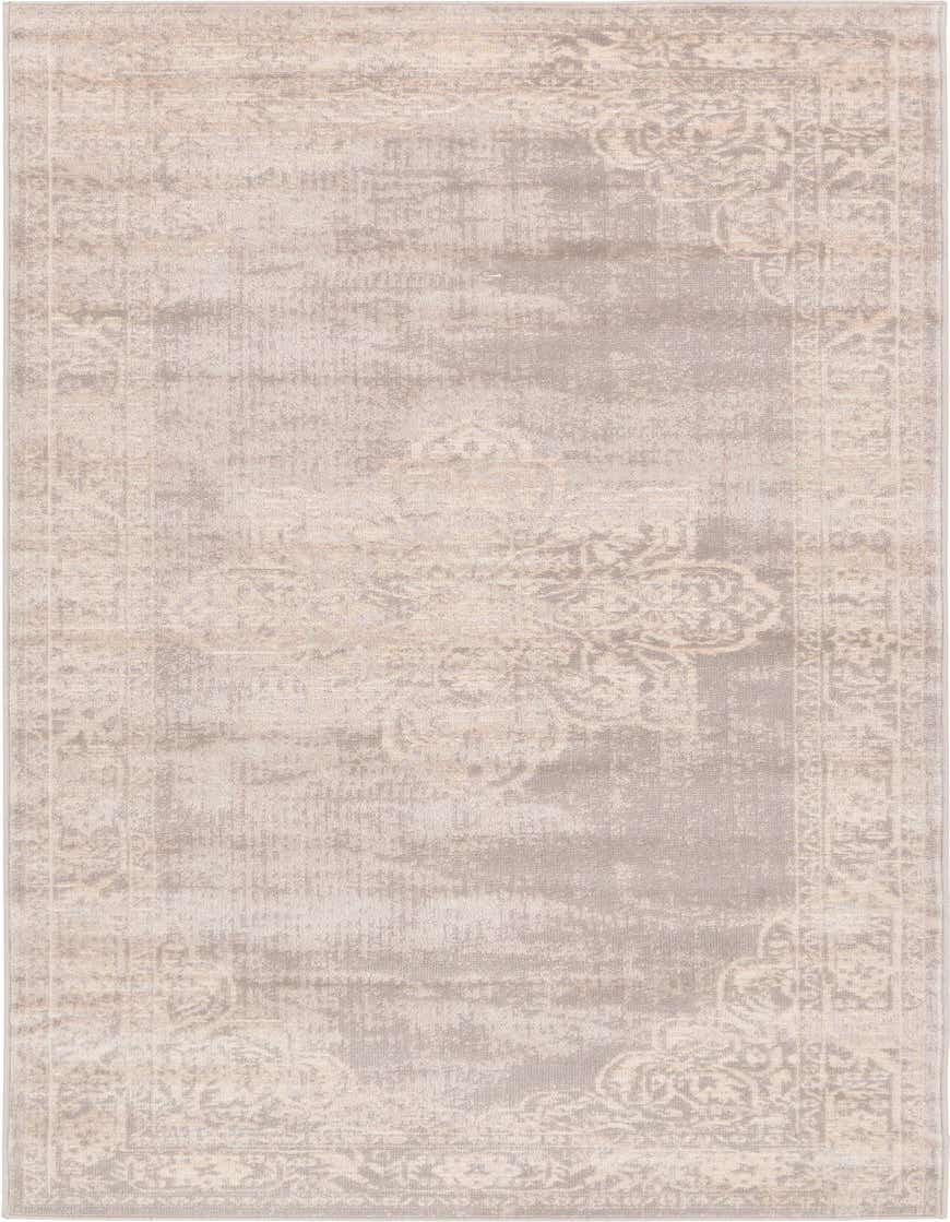 A 6 ft runner rug in shades of gray and silver with a distressed traditional medallion pattern and border.