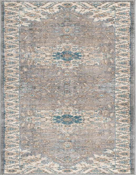 A 10 ft runner rug in shades of gray and silver with a distressed traditional medallion pattern and light beige and blue accents, ideal for a hallway.