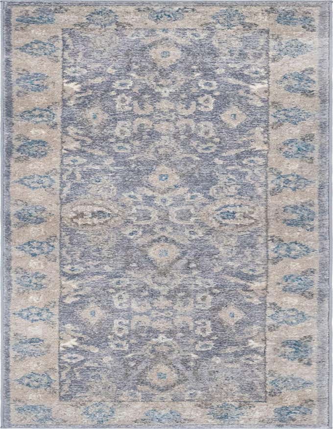 A 6 ft runner rug with a distressed traditional floral pattern in shades of gray, silver, and muted blue, suitable for a hallway or kitchen.