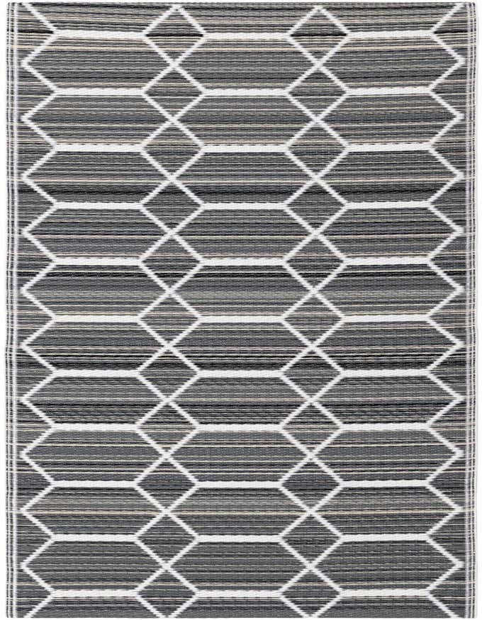 A 6 ft runner rug with a modern geometric pattern in various shades of gray and white, suitable for indoor or outdoor use.