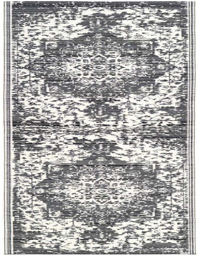 A 6 ft runner rug with a modern distressed gray and white pattern, ideal for a hallway or outdoor patio.