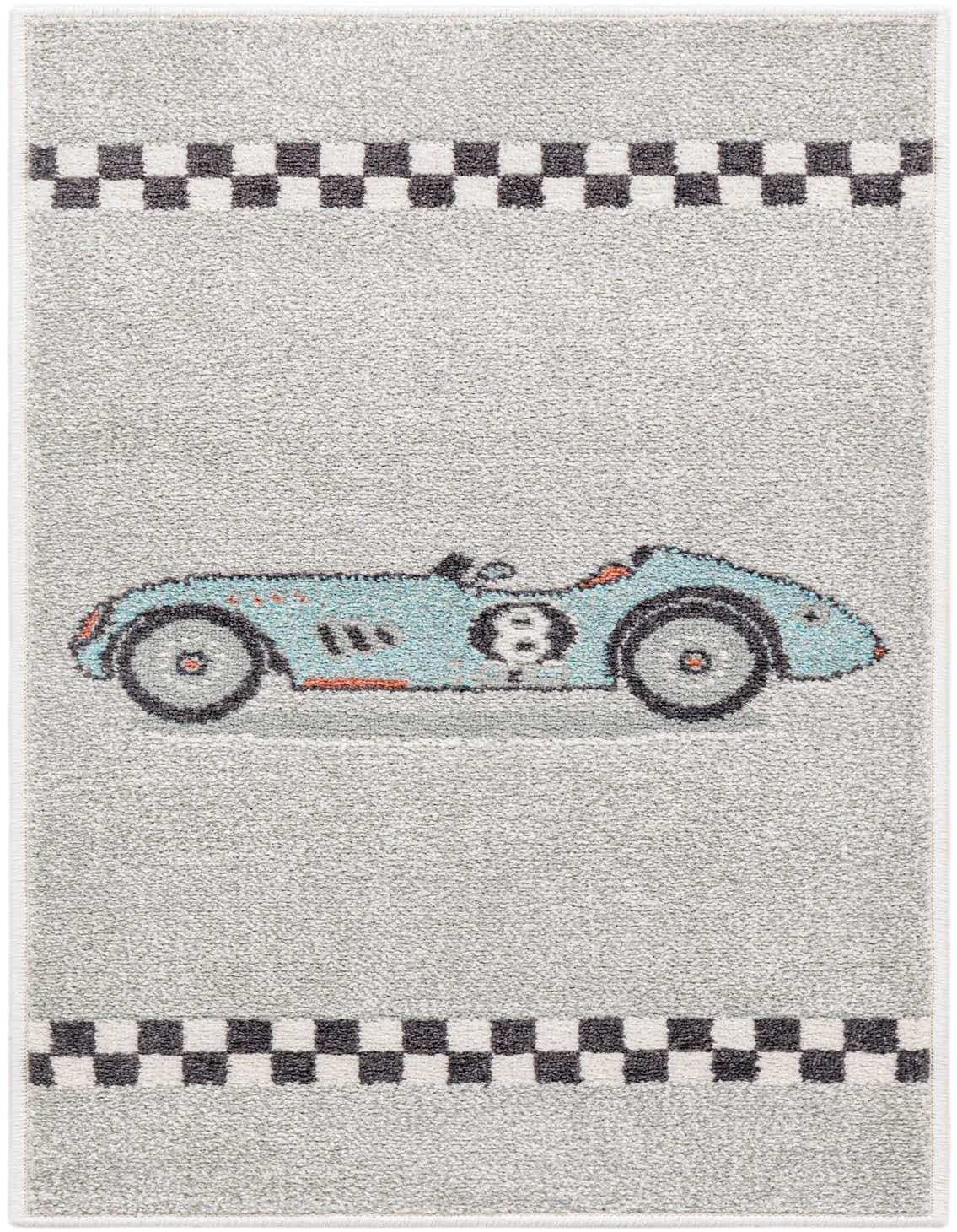 A gray runner rug with a light blue vintage race car and black and white checkered flag borders, perfect for a child's room or hallway.