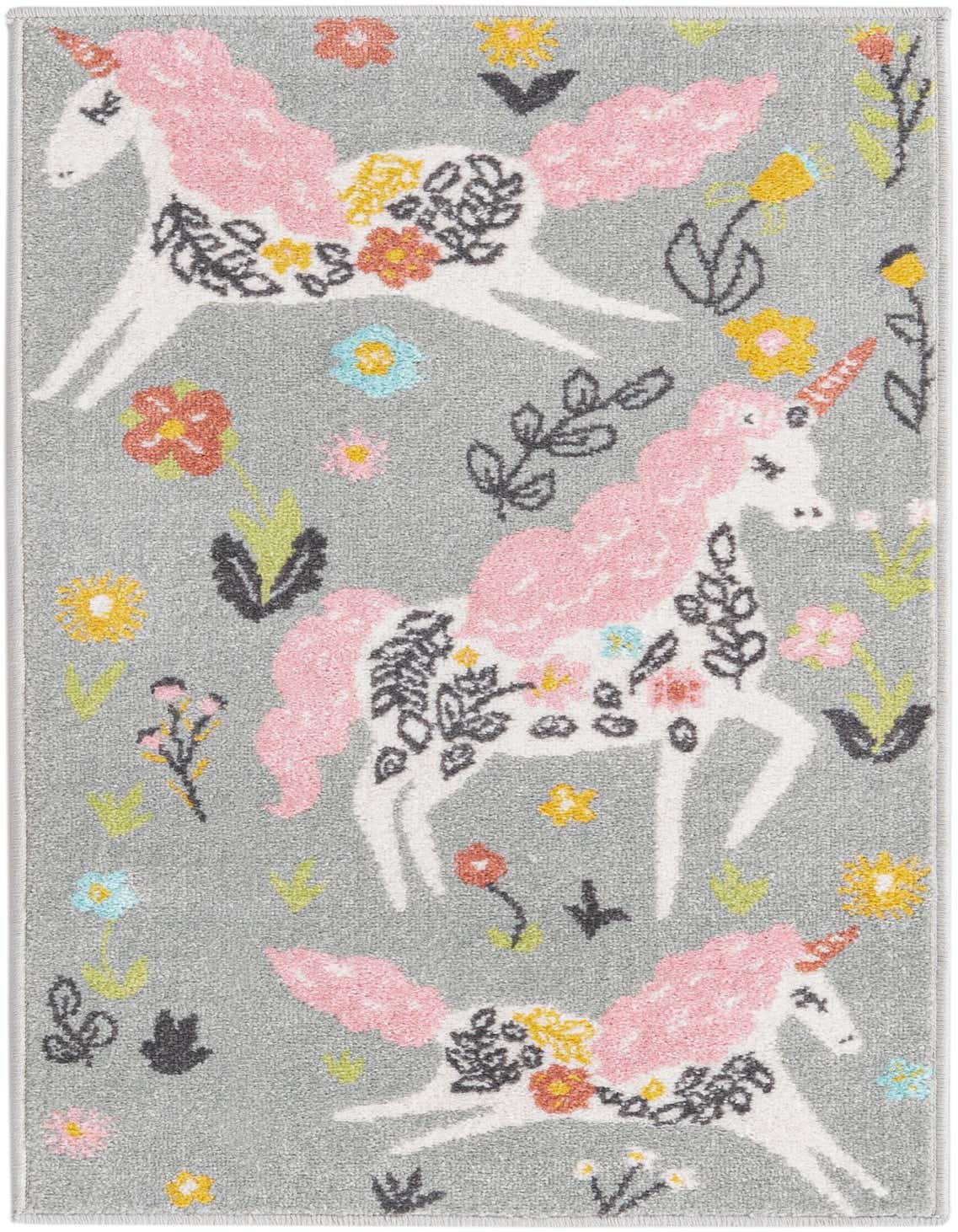 A 4 ft gray runner rug with a whimsical pattern of white unicorns with pink manes and colorful flowers.