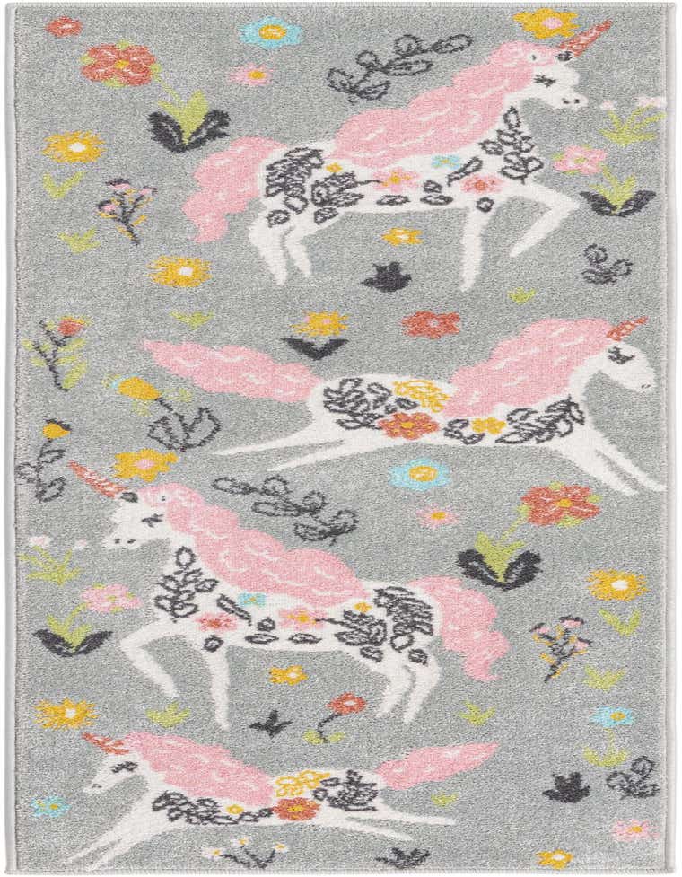 A gray runner rug with a whimsical pattern of white unicorns with pink manes and tails, surrounded by colorful flowers and leaves.