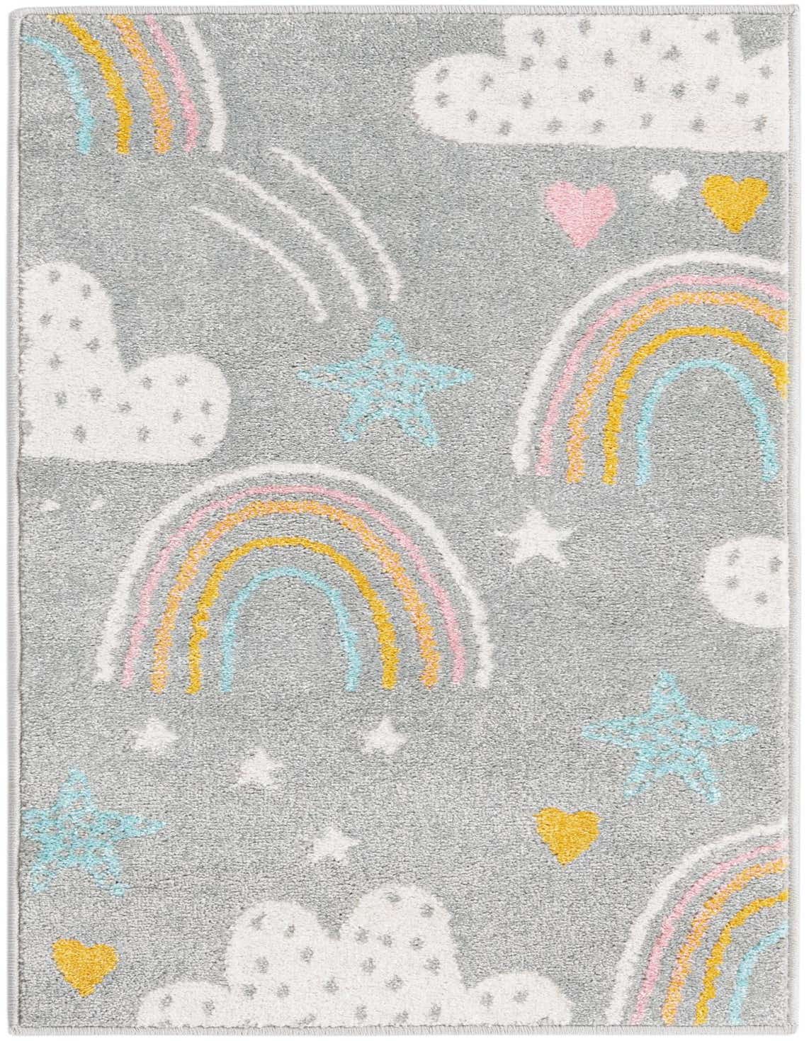 A gray runner rug with a playful pattern of white clouds, pastel rainbows, blue stars, and pink and yellow hearts.