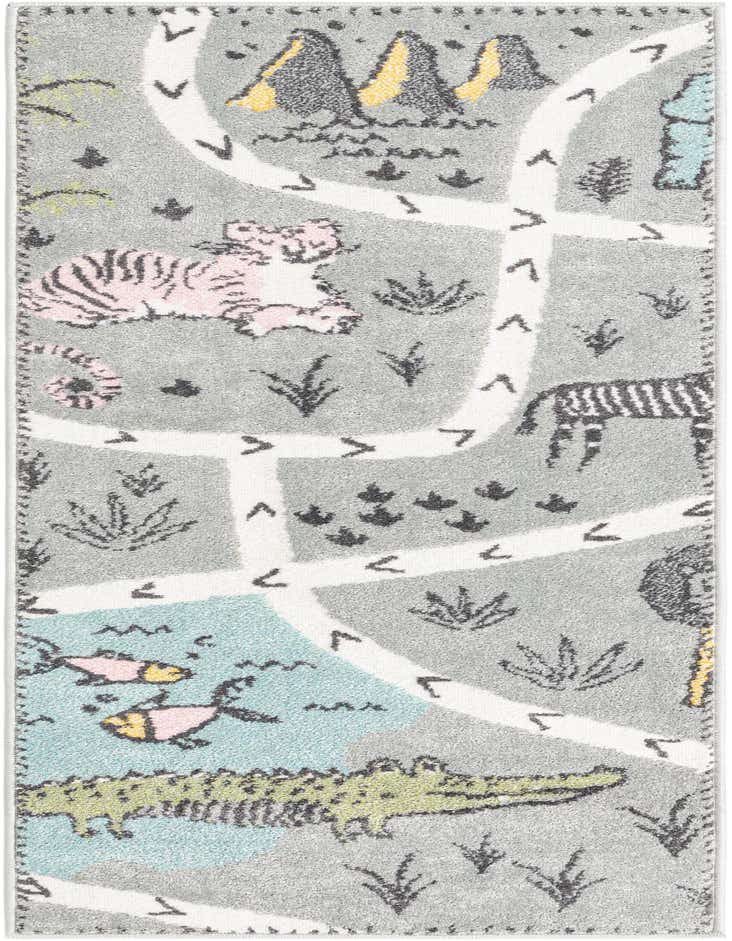 A gray runner rug with a playful animal-themed map pattern, featuring a pink tiger, zebra, alligator, and fish, ideal for a child's playroom or hallway.