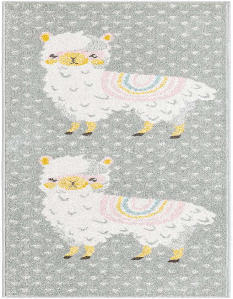 A gray runner rug with two white llamas, each wearing a pink, yellow, and blue blanket, on a polka dot background.