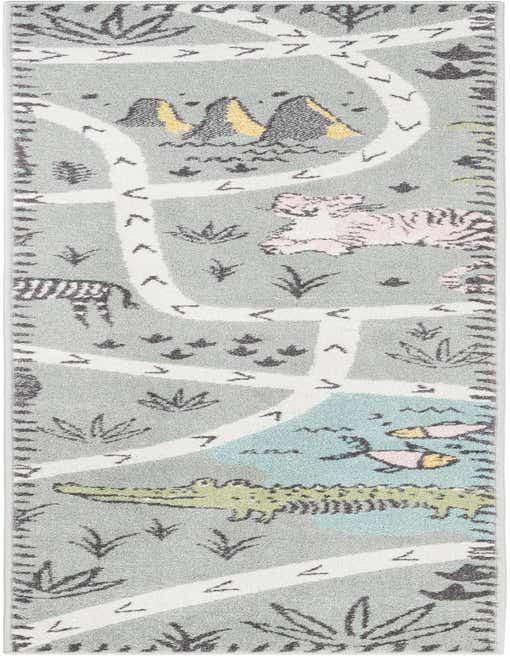 A gray runner rug with a playful safari-themed road map pattern, featuring a pink tiger, green alligator, and zebra.