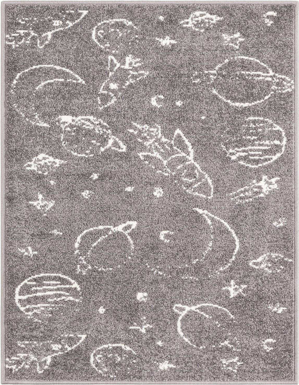A gray 4 ft runner rug with a playful white space-themed pattern featuring planets, rockets, and stars.