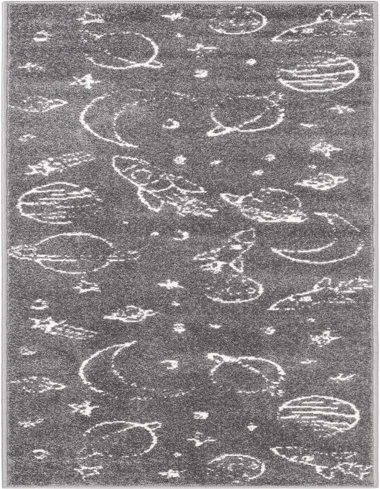 A gray runner rug with a playful white space-themed pattern, featuring planets, rockets, and stars, perfect for a kids' hallway or play area.