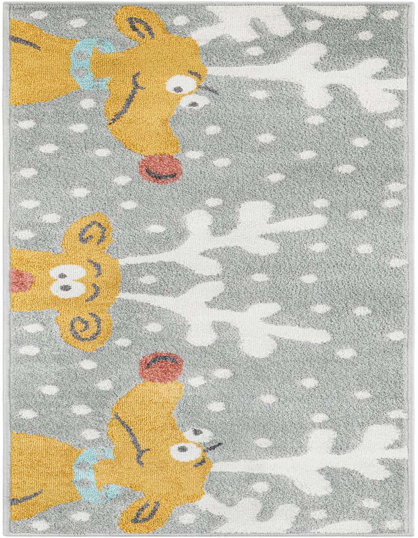 A gray runner rug with a playful pattern of yellow reindeer faces, white antlers, and white polka dots, suitable for a hallway or kid's room.