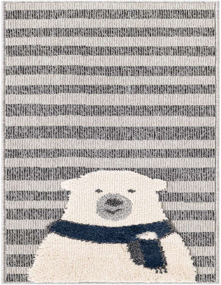 A gray and white striped runner rug featuring a white polar bear wearing a blue scarf, ideal for a child's room or hallway.